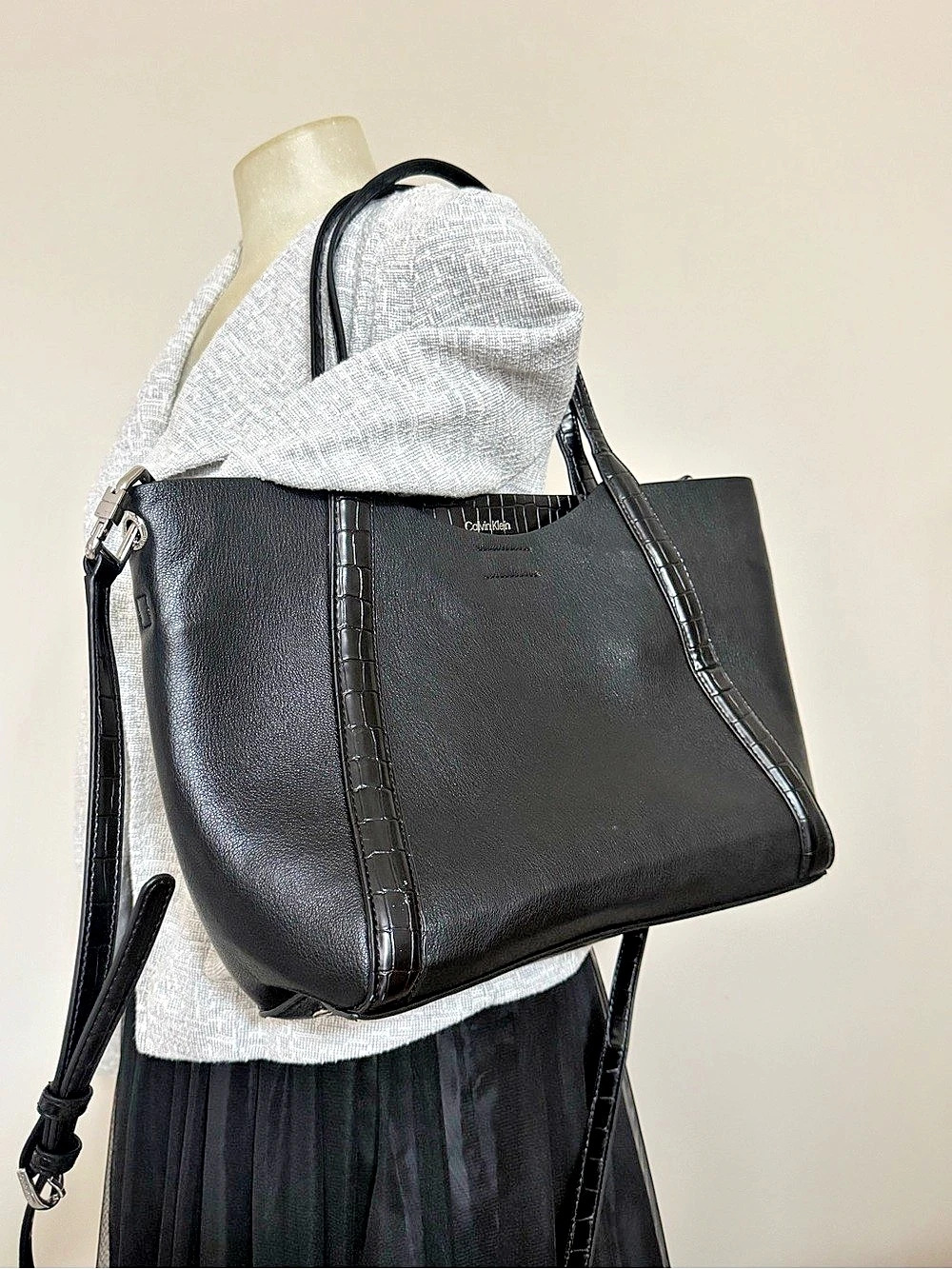 Calvin Klein Black Tote Bag Business Casual Classic Croc Embossed